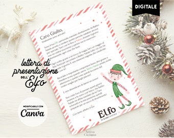 Lettera di presentazione dell'Elfo di Babbo Natale in italiano personalizzabile con nomi bimbi . stampabile e modificabile online con Canva