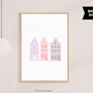 Modern nordic poster with Amsterdam canal houses simple illustration in Pink, grey and lilac . Printable artwork image 1