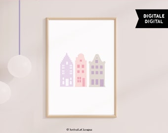 Modern nordic poster with Amsterdam canal houses simple illustration  in Pink, grey and lilac .  Printable artwork