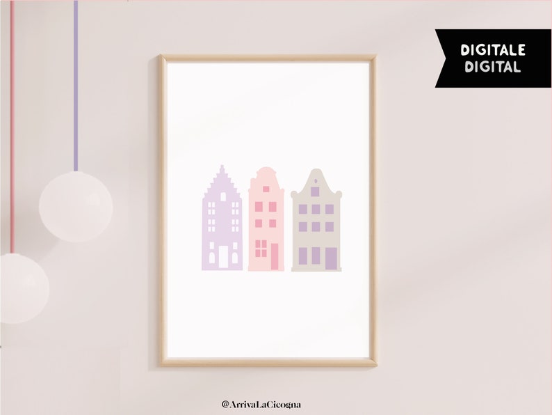 Modern nordic poster with Amsterdam canal houses simple illustration in Pink, grey and lilac . Printable artwork image 1