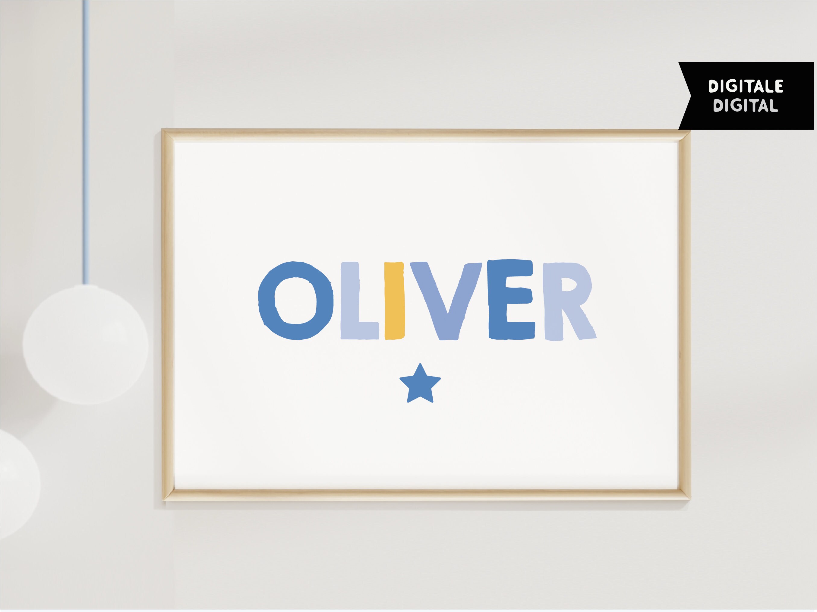 Minimal name artwork in blue and yellow + star to decorate modern children and boys rooms
