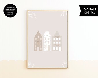 Country chic poster with the names of family members on a background of Nordic cottages. Customizable digital illustration