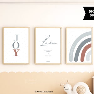 Bundle of 3 posters for baby boy nursery.  Custom birth print + 2 matching artworks. (Digital Download)