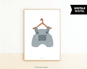 Baby poster with dungarees illustration in blue . Vintage printable wall art for nursery in soft tones (DIGITAL DOWNLOAD)