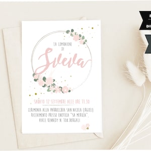 Invito digitale per comunione con peonie personalizzato con nome in rosa cipria e tortora.