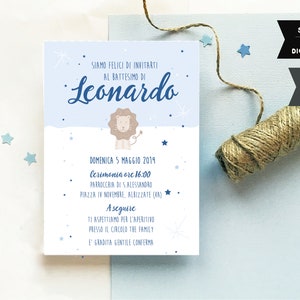 Invito con disegno stilizzato di leoncino per bambino, grafica minimal moderna per battesimo o compleanno