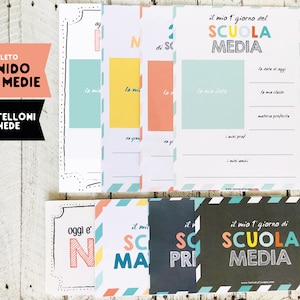 Set completo di cartelli + schede per fotografare e ricordare il 1 giorno di scuola, dal nido alla scuola media. 28 file da scaricare subito