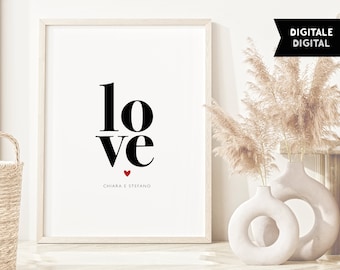 Regalo originale per San Valentino, illustrazione digitale stampabile Love personalizzata con i vostri nomi e un cuore . DOWNLOAD DIGITALE