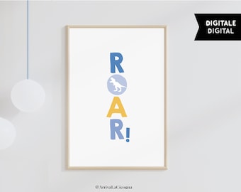 Dinosaur wall-art with &#39;Roar!&#39; in bold blue and yellow letters. Wall decorations for a  modern nursery or kids play room.