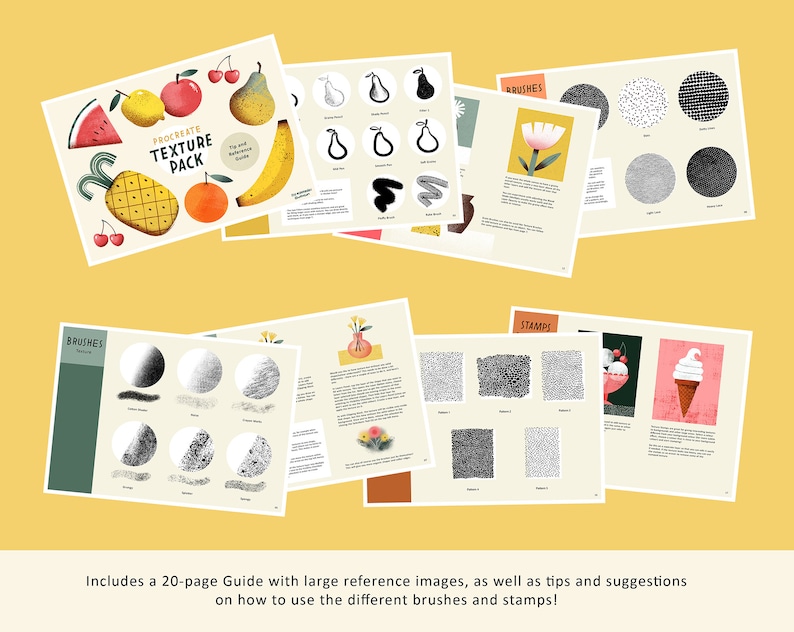 Pode incluir: Um guia de 20 p&aacute;ginas com imagens de refer&ecirc;ncia grandes para Procreate Texture Pack. O guia inclui dicas e sugest&otilde;es sobre como usar os diferentes pinc&eacute;is e carimbos. O guia apresenta ilustra&ccedil;&otilde;es de frutas, flores e outros designs.