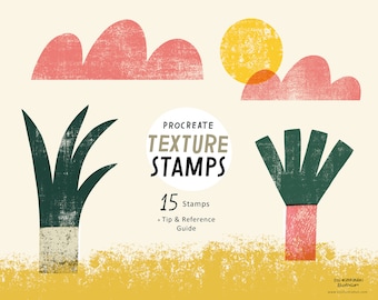 Pode incluir: Procreate Texture Stamps, um produto digital com 15 carimbos para criar designs texturizados. A imagem mostra um conjunto de formas abstratas coloridas com uma textura grunge, incluindo um sol amarelo, nuvens cor-de-rosa e plantas verdes.