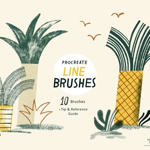 May include: A digital illustration of 10 Procreate line brushes for creating artistic designs. The image features a tropical scene with palm trees and birds. The text "PROCREATE LINE BRUSHES" is displayed in a circle with a yellow background. The text "10 Brushes" is displayed below the circle. The text "Tip & Reference Guide" is displayed below the text "10 Brushes".