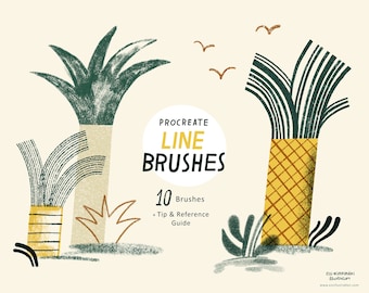 Puede incluir: Una ilustración digital de 10 pinceles de línea Procreate para crear diseños artísticos. La imagen presenta una escena tropical con palmeras y pájaros. El texto "PROCREATE LINE BRUSHES" se muestra en un círculo con un fondo amarillo. El texto "10 Brushes" se muestra debajo del círculo. El texto "Tip & Reference Guide" se muestra debajo del texto "10 Brushes".