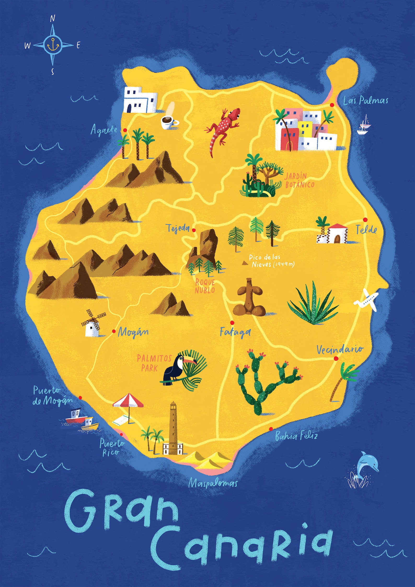Gran Canaria map illustrated map Las Palmas Canary Islands Etsy