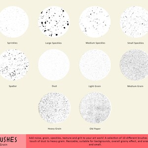 Pode incluir: Um conjunto de 10 pinc&eacute;is digitais para adicionar ru&iacute;do, gr&atilde;o, manchas e textura &agrave; arte digital. Os pinc&eacute;is variam de pequenas salpicaduras a gr&atilde;os pesados. O texto "BRUSHES Grain" est&aacute; na parte inferior da imagem.