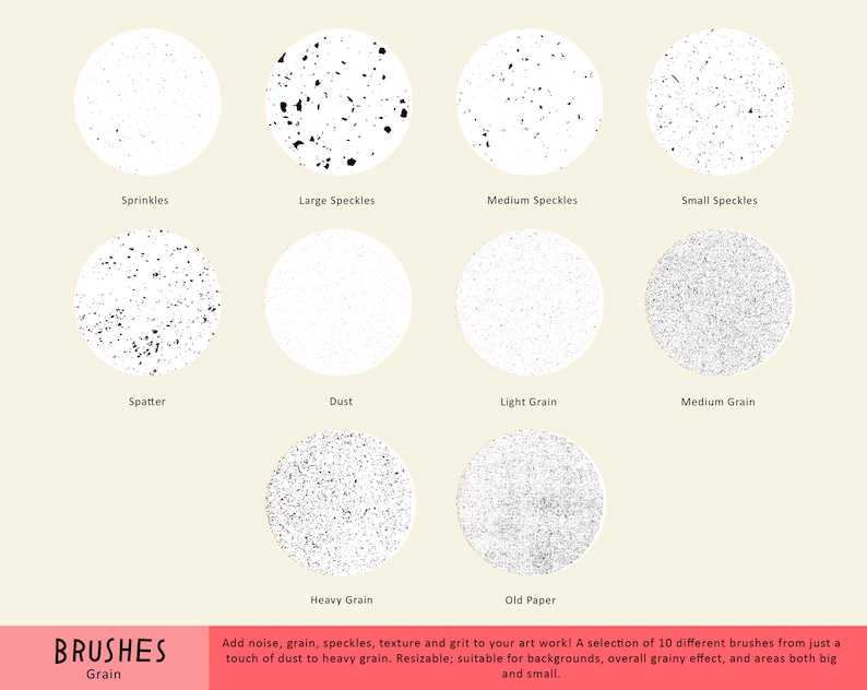 Pode incluir: Um conjunto de 10 pinc&eacute;is digitais para adicionar ru&iacute;do, gr&atilde;o, manchas e textura &agrave; arte digital. Os pinc&eacute;is variam de pequenas salpicaduras a gr&atilde;os pesados. O texto "BRUSHES Grain" est&aacute; na parte inferior da imagem.
