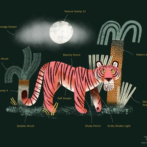 Pode incluir: Um tigre rosa com listras pretas caminha por uma floresta com &aacute;rvores verdes e marrons. A imagem &eacute; uma ilustra&ccedil;&atilde;o digital com um estilo texturizado e desenhado &agrave; m&atilde;o.