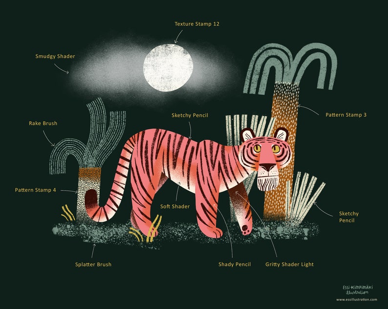 Pode incluir: Um tigre rosa com listras pretas caminha por uma floresta com &aacute;rvores verdes e marrons. A imagem &eacute; uma ilustra&ccedil;&atilde;o digital com um estilo texturizado e desenhado &agrave; m&atilde;o.