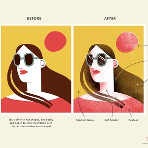 Pode incluir: Uma ilustra&ccedil;&atilde;o digital que mostra uma mulher com cabelo castanho usando &oacute;culos de sol. A ilustra&ccedil;&atilde;o &agrave; esquerda &eacute; um design plano, enquanto a ilustra&ccedil;&atilde;o &agrave; direita adicionou textura e profundidade usando pinc&eacute;is e carimbos. O texto abaixo das ilustra&ccedil;&otilde;es descreve o processo de adicionar textura &agrave;s ilustra&ccedil;&otilde;es digitais.