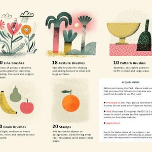 Pode incluir: Uma ilustra&ccedil;&atilde;o digital que mostra 10 conjuntos de pinc&eacute;is diferentes para Procreate, incluindo pinc&eacute;is de linha, pinc&eacute;is de textura, pinc&eacute;is de padr&atilde;o, pinc&eacute;is de gr&atilde;o e carimbos. A ilustra&ccedil;&atilde;o apresenta uma variedade de objetos coloridos e texturizados, incluindo flores, &aacute;rvores, uma tigela, uma garrafa, uma p&ecirc;ra, uma banana, uma ma&ccedil;&atilde; e uma laranja. O texto "Requisitos" tamb&eacute;m est&aacute; inclu&iacute;do, juntamente com uma lista de requisitos para usar os conjuntos de pinc&eacute;is.