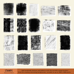 Pode incluir: Um conjunto de 20 carimbos de textura grunge em preto e branco. Os carimbos est&atilde;o dispostos em uma grade e s&atilde;o de diferentes formas e tamanhos. Os carimbos s&atilde;o perfeitos para adicionar um visual desgastado aos seus designs.