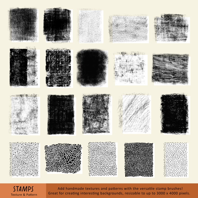 Pode incluir: Um conjunto de 20 carimbos de textura grunge em preto e branco. Os carimbos est&atilde;o dispostos em uma grade e s&atilde;o de diferentes formas e tamanhos. Os carimbos s&atilde;o perfeitos para adicionar um visual desgastado aos seus designs.