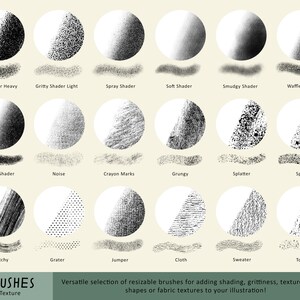 Pode incluir: Um gr&aacute;fico de 20 texturas de pincel diferentes para arte digital. As texturas incluem sombreamento arenoso, sombreamento de pulveriza&ccedil;&atilde;o, sombreamento suave, sombreamento difuso, sombreamento de waffle, sombreamento de algod&atilde;o, ru&iacute;do, marcas de giz de cera, grunge, respingos, esponjoso, riscado, ralador, su&eacute;ter, tecido, su&eacute;ter e toalha.