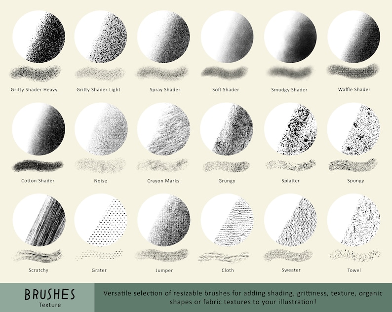 Pode incluir: Um gr&aacute;fico de 20 texturas de pincel diferentes para arte digital. As texturas incluem sombreamento arenoso, sombreamento de pulveriza&ccedil;&atilde;o, sombreamento suave, sombreamento difuso, sombreamento de waffle, sombreamento de algod&atilde;o, ru&iacute;do, marcas de giz de cera, grunge, respingos, esponjoso, riscado, ralador, su&eacute;ter, tecido, su&eacute;ter e toalha.