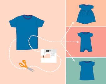 Patrón de costura para vestido y mono de camiseta reciclada (PDF)