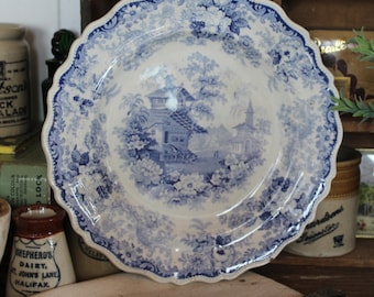 Plato antiguo de loza inglesa: decoración de pared vintage, plato azul y blanco.