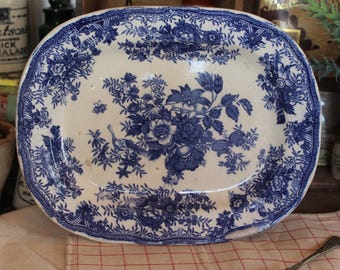 Antique Ironstone Platter: Blue Asiatic Pheasant Plate, English Farmhouse Decor
