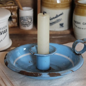 Antique French Enamel Chamber Stick, Candle Stick Holder, Candle Holder, Rustic Candle holder, Farmhouse, lantern, Vintage French Enamelware