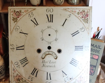 Antique Grandfather Clock Face: Salvaged English Clock with Hand-Painted Floral Detail