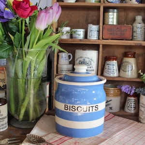 May include: A blue and white ceramic biscuit jar with the word "BISCUITS" in a white band. The jar is on a red and white checkered cloth. A glass vase with flowers is in the background, along with other vintage jars and containers.