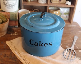 RARE Vintage Cake Tin - Blue Enamel Cakes Storage Canister