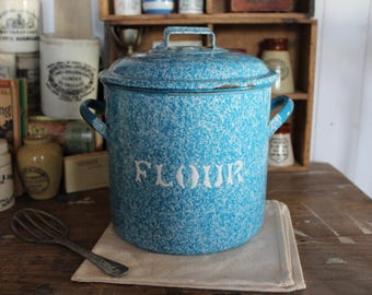 Vintage Blue Marbled Enamel Flour Bin: English Kitchen Storage