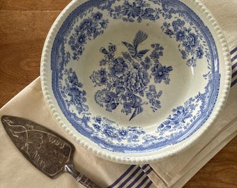 Bol antiguo de loza azul y blanca, plato con estampado de faisanes asiáticos ingleses