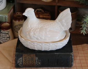 Portmeirion White Hen on Nest Terrine, Vintage Egg Holder, Farmhouse Kitchen Decor