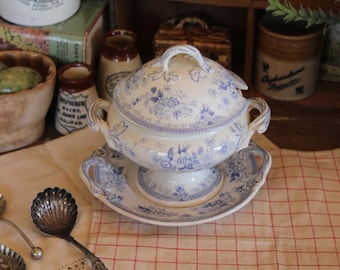 Zuppiera antica in pietra ferrosa: ciotola a forma di fagiano blu asiatico, decorazione in stile rustico inglese.