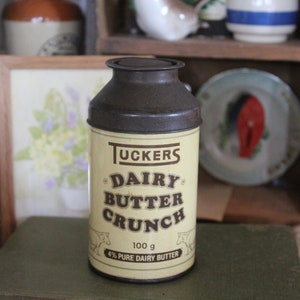Vintage Candy Tin: Tucker&#39;s Dairy Butter Crunch, Rustic Kitchen Canister