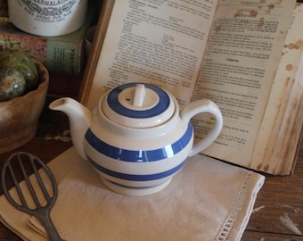 Vintage Chefware Teapot: Blue and White Striped Staffordshire Pottery