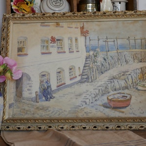 Vintage English Watercolour - Coastal Cottages Painting - Enlish Seaside watercolour - vintage painting - Sea painting - Devon Painting -