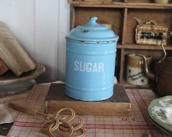 Rare Vintage Enamel kitchen Canister: Blue Kitchen Storage Jar