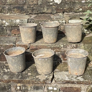 May include: Six weathered gray metal planters of various sizes, arranged on a stone wall. The planters are all slightly different shapes and sizes, and they have a rustic, vintage look.
