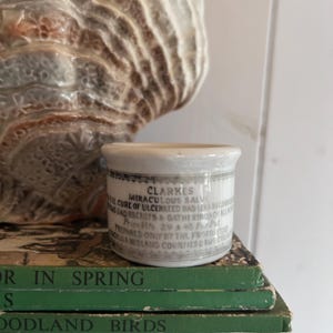 May include: A small white ceramic jar with a blue and black label that reads "Clarkes Miraculous Salve The Cure of Ulcerated Bad Legs Boils Sore Bad Breasts & Gathering Rings on All Parts Price 2/9 & 4/6 Per Pot Prepared Only by the Proprietors of the Midland Counties Drug Co."
