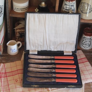 May include: A vintage set of six butter knives with orange handles, displayed in a black case with a white satin lining. The knives are silver-toned. The scene includes antique jars and a red and white checkered cloth.
