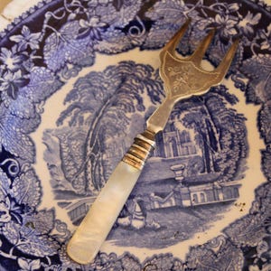 May include: A silver-toned metal fork with a three-pronged head and an iridescent white handle, resting on a round ceramic plate featuring a blue and white transferware pattern of a landscape with trees and a building surrounded by grape leaves.