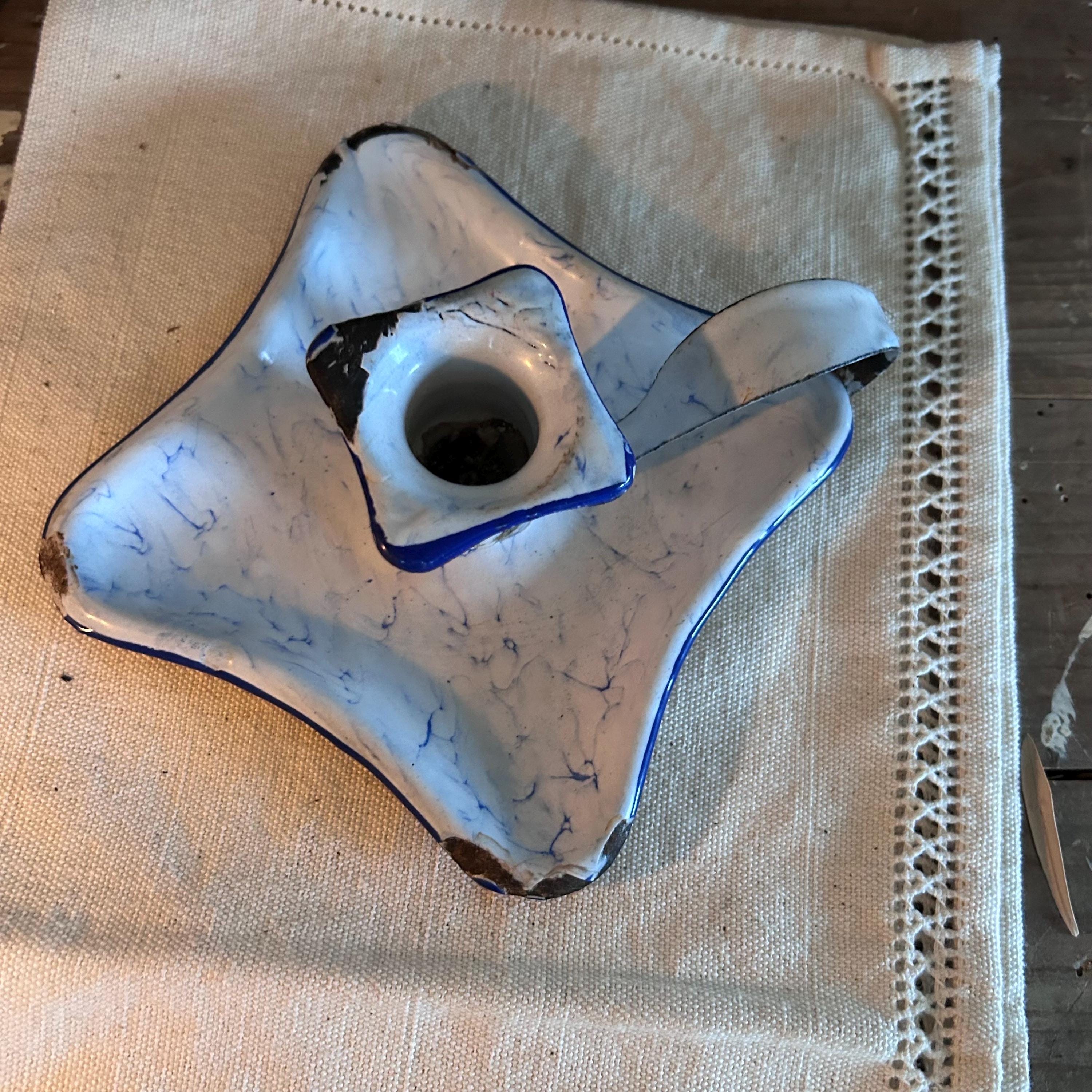 Vintage French Enamel Chamber Stick, Candle Stick Holder