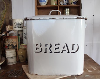 Vintage White Enamel Bread Box, English Farmhouse Kitchen Storage