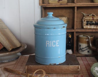Rare Vintage Enamel kitchen Canister: Blue Kitchen Storage Jar